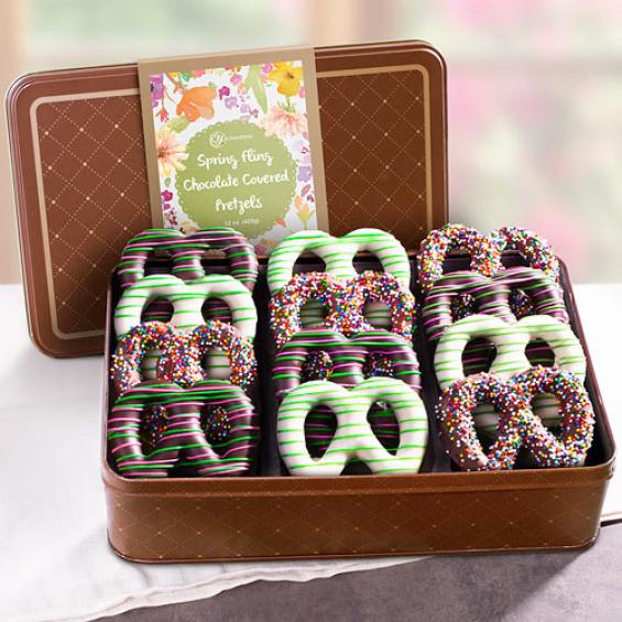 CY2240M, Spring Fling Real Chocolate Covered Spring Decorated Pretzels in Keepsake Tin