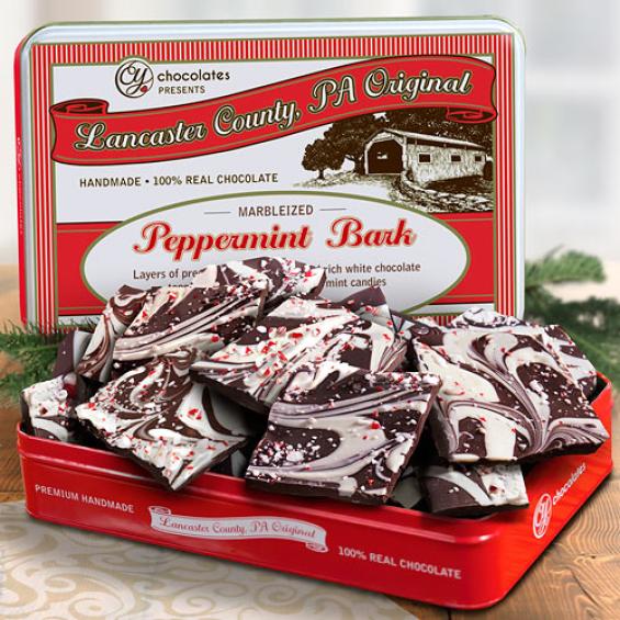 CYT002, Premium Marbelized Dark and White Chocolate Peppermint Bark in Gift Tin